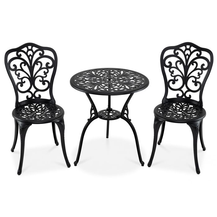 GIANTEX Salon de Jardin Exterieur 2 Personnes Arc 2 Chaises Haut Dossier en Fonte Aluminium Trou pour Parasol Intégré Noir