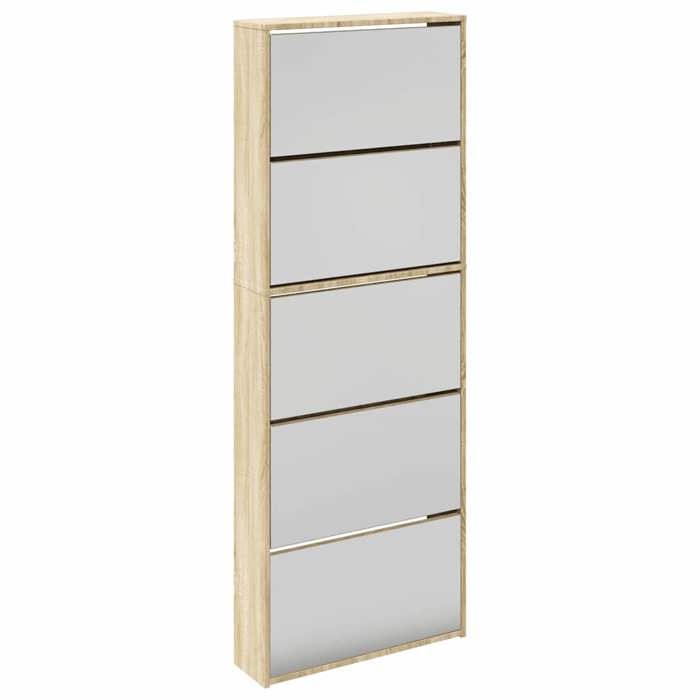 Promotion avril*Meuble à chaussures - PARAJIE - pour Entrée Couloir Chambre - 5 étagères et miroir 63x17x169 5cm Chêne_578404