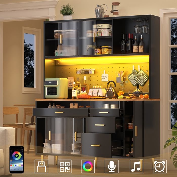 Buffet de cuisine - 145 cm - Panneau perforé - 4 tiroirs & 5 portes - Éclairage LED intelligent