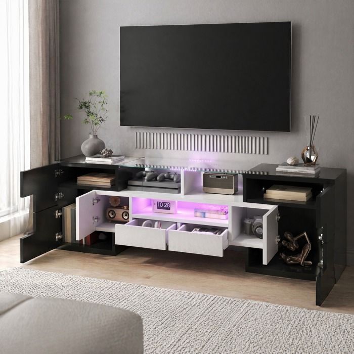 Meuble TV Lowboard blanc brillant et noir - TCQPZ - plateau en verre LED 6 portes 2 tiroirs MDF 145 cm