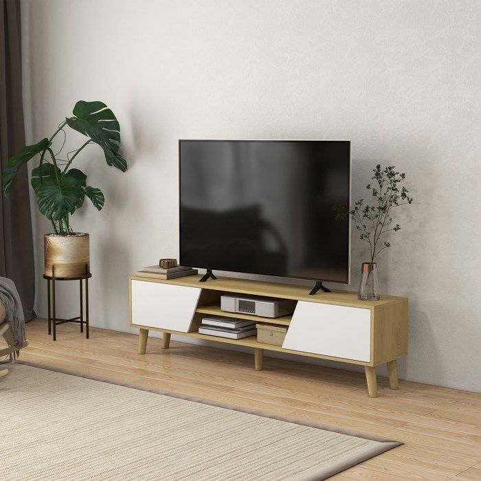 MOTHINESSTO1525-Meuble TV pour télévision jusquà 65 pouces design scandinave 2 portes 2 niches avec passe-câbles 150 x 30 x 42 cm