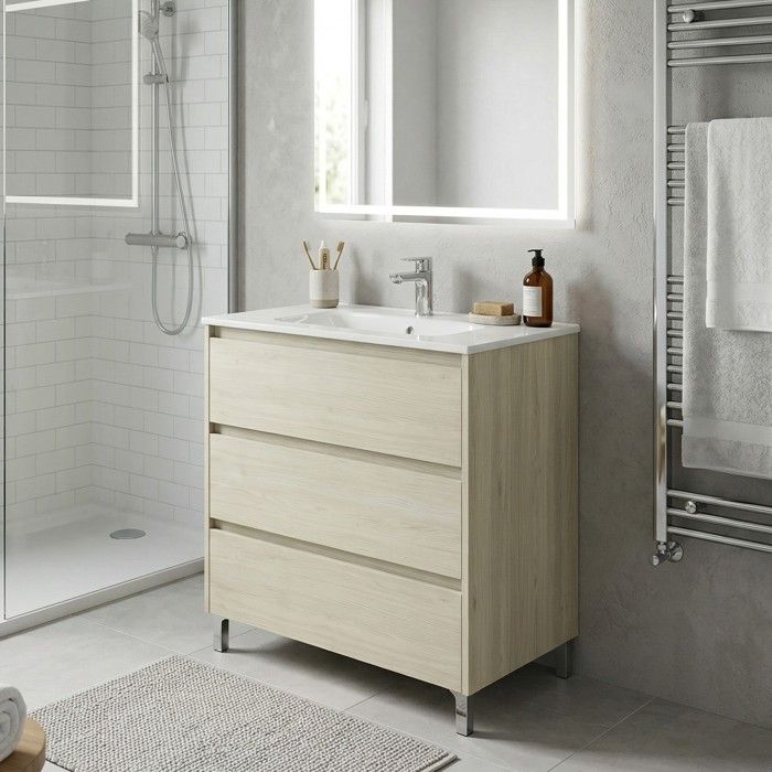 Meuble vasque L.80cm sur pied 3 tiroirs Chêne blanchi LISBONA - sans colonne Meuble vasque L.80cm sur pied 3 tiroirs Chêne blanchi LISBONA - sans colonne