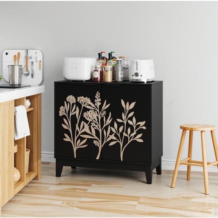 Buffet bas 2 portes et étagères réglables motif floral sculpté - BEAUNIV - vintage salon MDF noir 80×38×76 cm