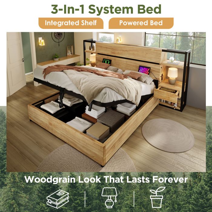 ELVMI Lit Coffre 180x200 cm - Lit Adulte avec Rangement Hydraulique et Charge Rapide - MDF + Contreplaqué - Sans Matelas - Chêne