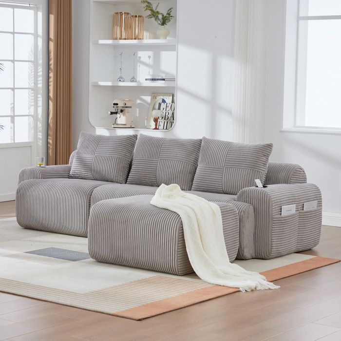 Canapé dangle modulable 3 places avec porte-gobelet et pochette latérale - BEAUNIV - pouf inclus corduroy gris clair