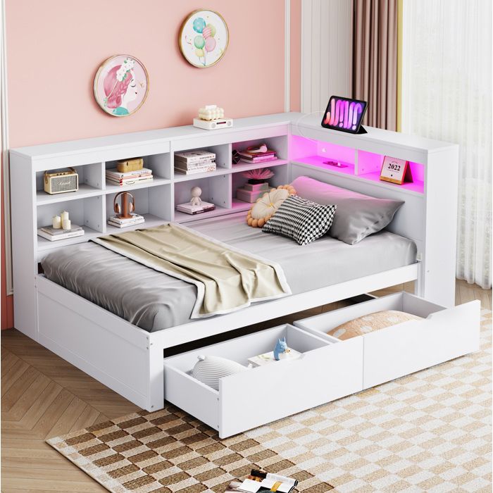 Lit banquette 90x200 cm avec rangements USB et prise bande LED étagères et tiroirs bois blanc