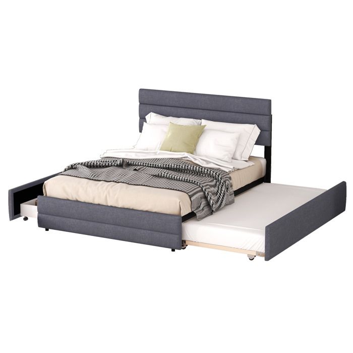 Lit 140 x 200 cm avec 2 tiroirs et rangement intégré design moderne gris pour couple