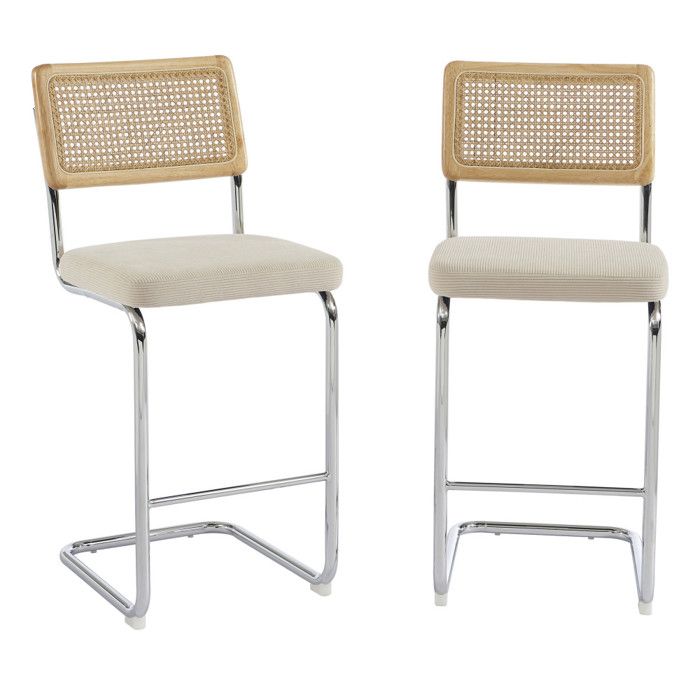 Skana - Lot de 2 chaises de bar en velours côtelé pieds chrome H66cm - Beige Skana - Lot de 2 chaises de bar en velours côtelé pieds chrome H66cm - Beige