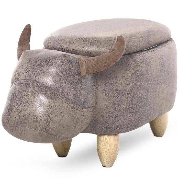 LIA Tabouret vache pouf vachette coffre rangement 2en1 pieds hévéa synthétique marron
