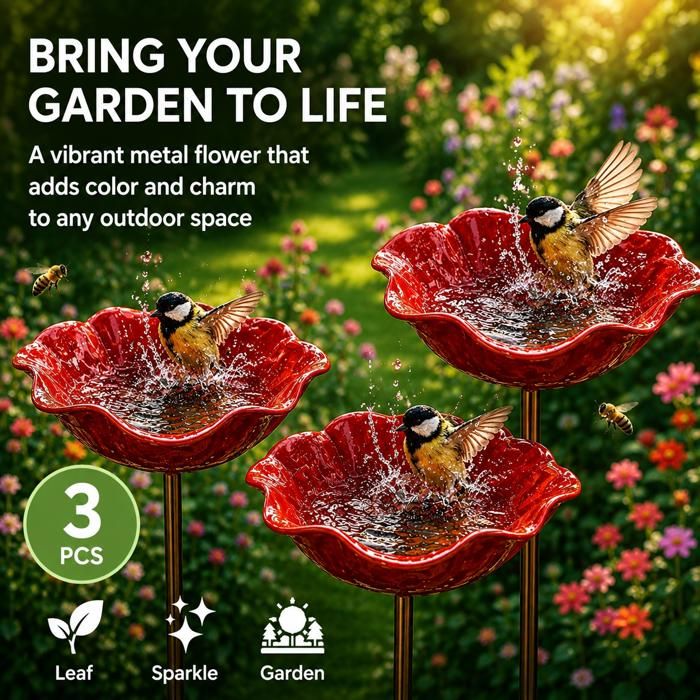 Lot de 3 Bains dOiseaux Extérieur Rouge Vasque Jardin sur Pied Abreuvoir et Mangeoire Oiseaux Décoration Jardin