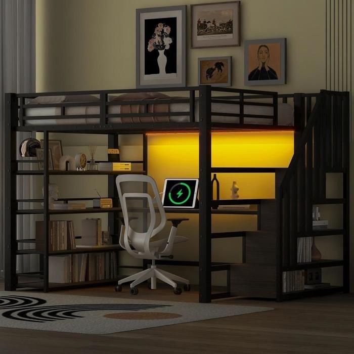 Lit mezzanine - KOMHTOM - 140x200 cm - escalier rangement - bureau intégré - LED couleur et USB