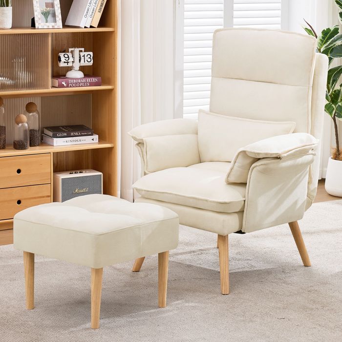 Fauteuil avec Repose-Pieds méridienne réglable en 5 directions chaise longue avec coussins dappui-tête et daccoudoir lin beige