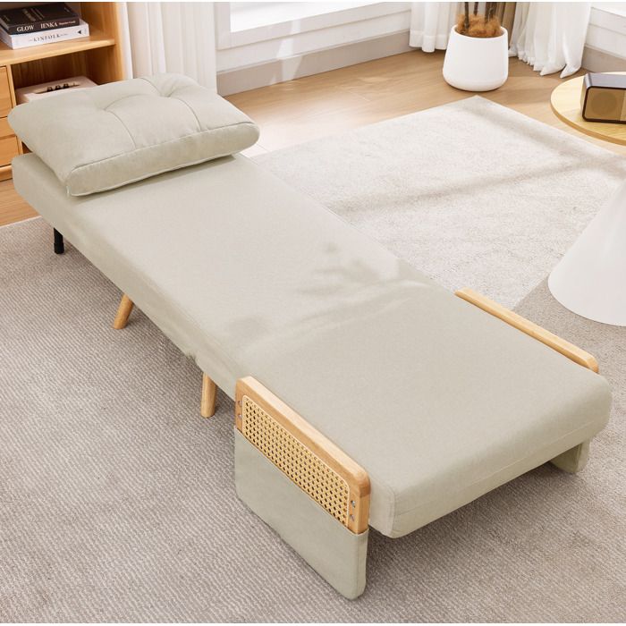 Fauteuil convertible 3 en 1 beige dossier réglable 5 positions tissu type lin accoudoirs rotin