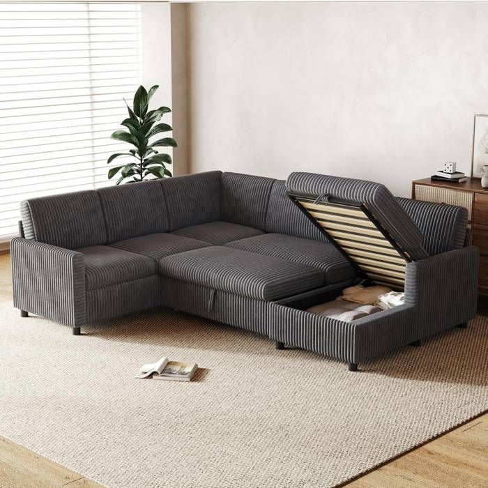 Canapé d’angle convertible en U 5 places avec méridienne coffre tissu gros cordon gris 274 x 220 x 85 cm