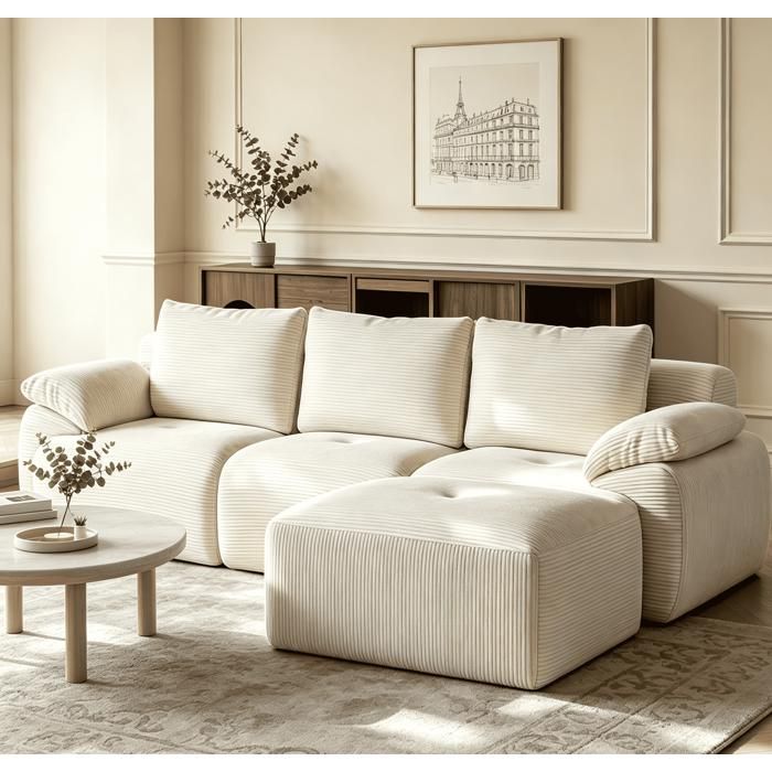 Canapé dAngle avec Méridienne Canapé compressé Canapé 3 Places en Velours Côtelé Sofa pour Salon et Appartement Beige