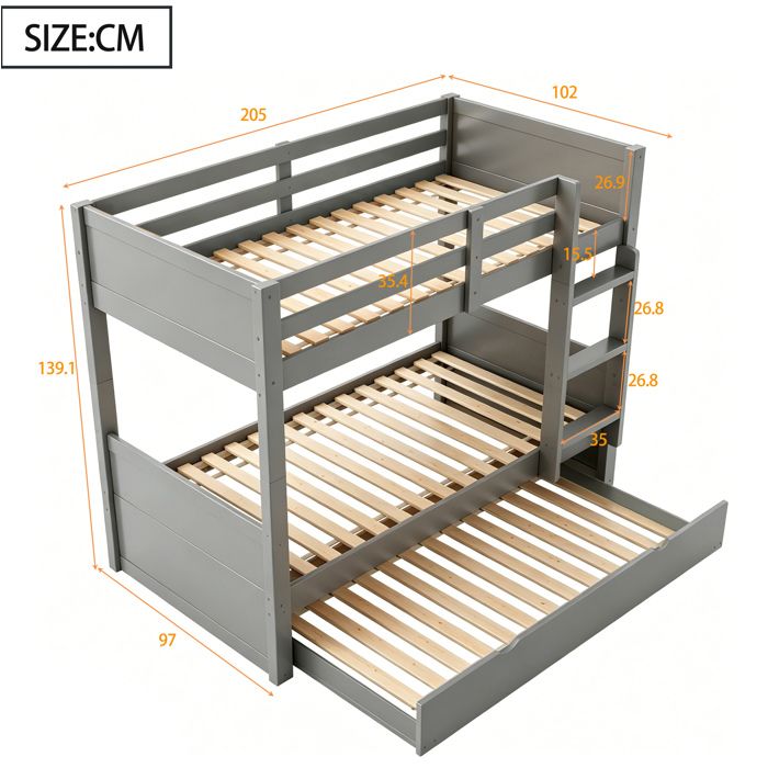 Lit superposé 90 x 200 cm avec lit gigogne convertible en 2 lits simples bois gris échelle droite ORVRYN