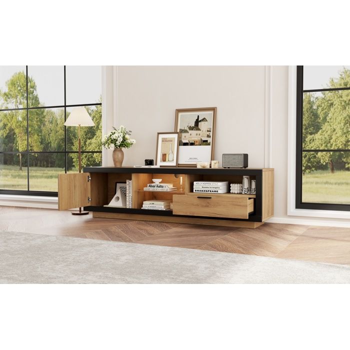 Meuble TV LED Noir Et Chene 160 cm Lowboard Moderne FloraGrace Pour Salon Ou Chambre Avec Rangement 160x40x50cm