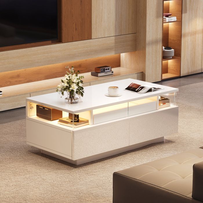 VEVXYN table basse salon rangement 90 x 45 x 355 cm blanc brillant 2 tiroirs LED USB verre trempé plateau