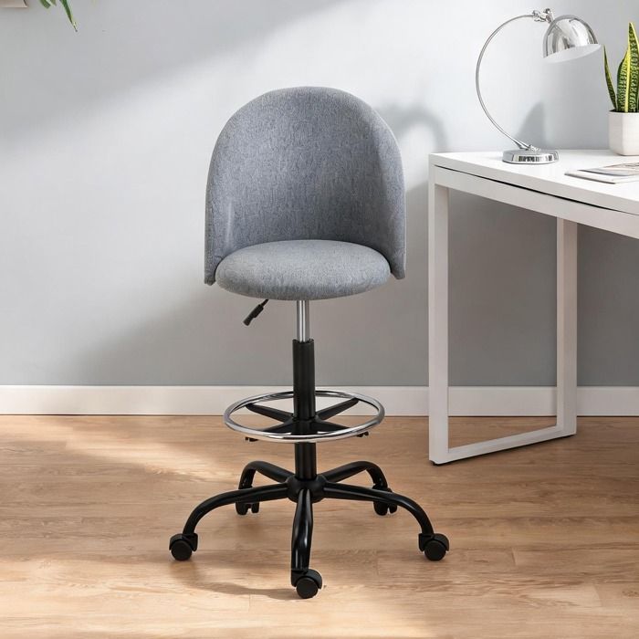 Tabouret de bureau contemporain gris en lin assise haute réglable de 70 à 90 cm 5 roulettes