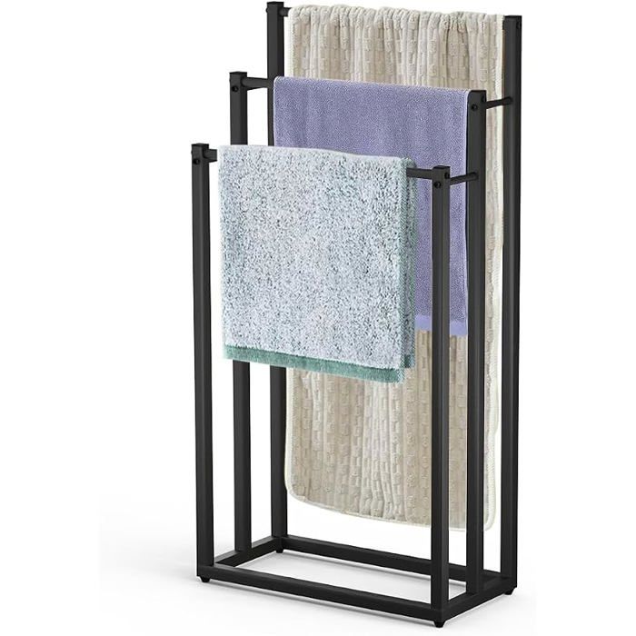 Porte Serviettes autoportant sur Pied Support 3 Niveaux en Métal Rangement Stable pour Serviettes de Bain 3 Niveaux / Noir