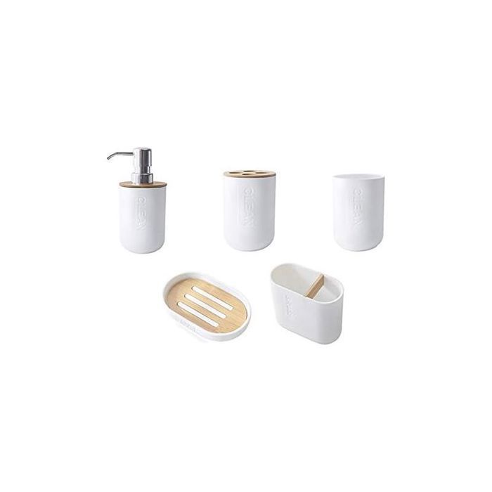 Lot de 5 pièces en bambou pour salle de bain - Support de brosse à dents en verre - Distributeur de savon - Bol de savon - Acce