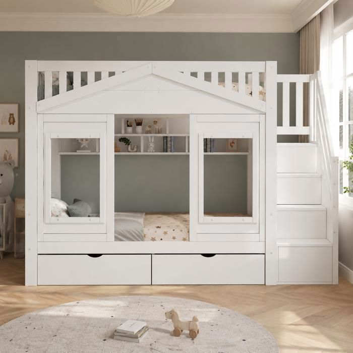 Lit mezzanine enfant - MERAX - Superposé cabane 90x200 cm - Pin massif & MDF - Escalier-rangement - Tiroir Lit mezzanine enfant - MERAX - Superposé cabane 90x200 cm - Pin massif & MDF - Escalier-rangement - Tiroir