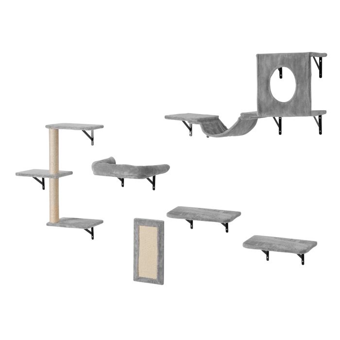 SucceBuy Étagères Murales pour Chat Lot de 6 avec Plates-formes Hamac Canapé Arbre à Chat Pin Naturel Charge 18 kg