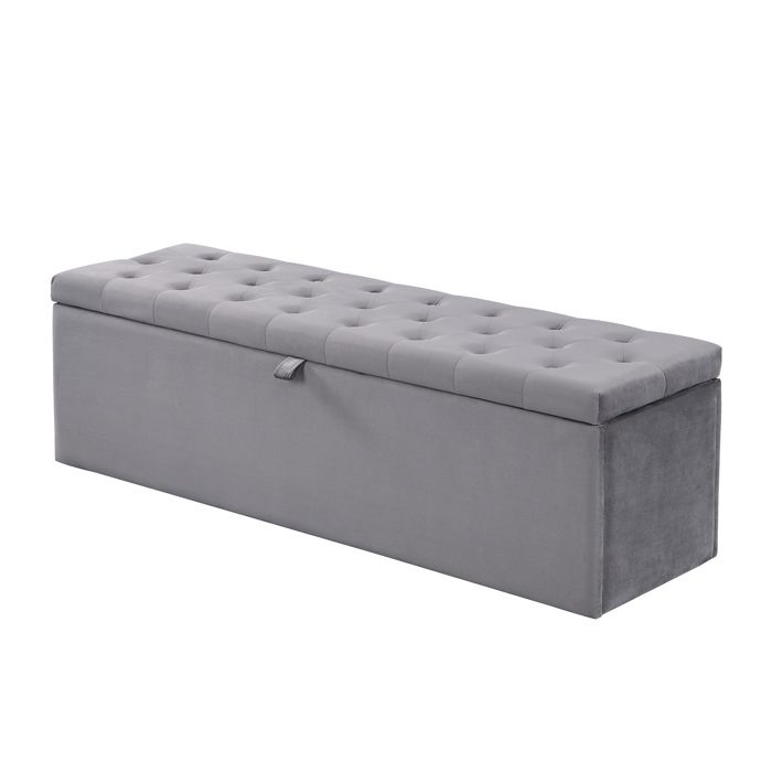 Banc coffre en velours gris bout de lit capitonné avec rangement 138 x 41 x 42 cm