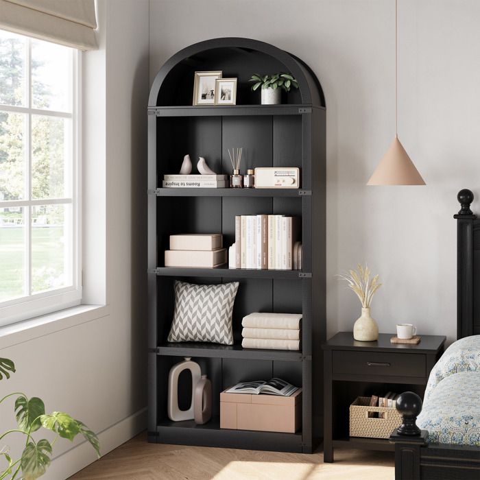 KOIOPLIE Bibliothèque 5 étagères 182 cm style fermier avec arche étagère livre MDF renforcée gain de place Noir