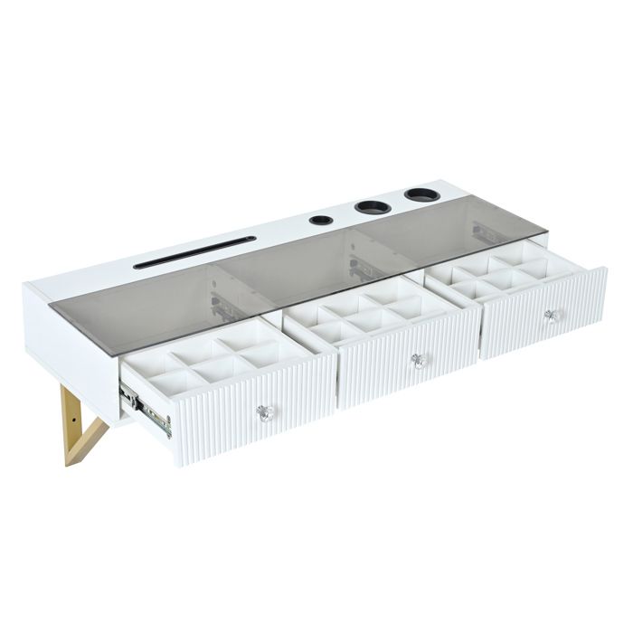 Coiffeuse – Blanc – plateau en verre 3 tiroirs – 120 x 40 x 45 cm