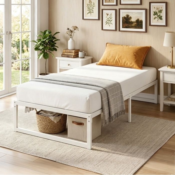 Cadre de lit en métal blanc 90 x 200 cm avec lattes métalliques rangement sous le lit sans tête de lit