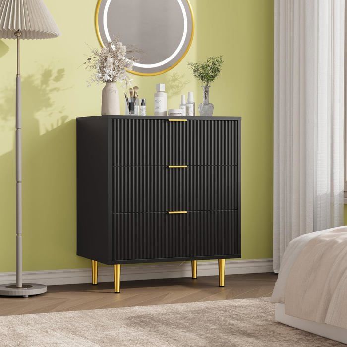 Chiffonnier 3 Tiroirs Bois Cannelé Commode Moderne avec Poignées et Pieds en Métal pour Chambre Salon et Entrée