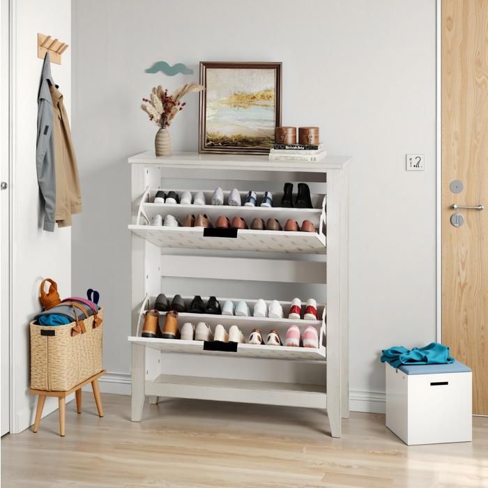 Meuble à chaussures vintage blanc AESVAR 80 cm 2 tiroirs abattants rangement ouvert MDF et pieds en bois
