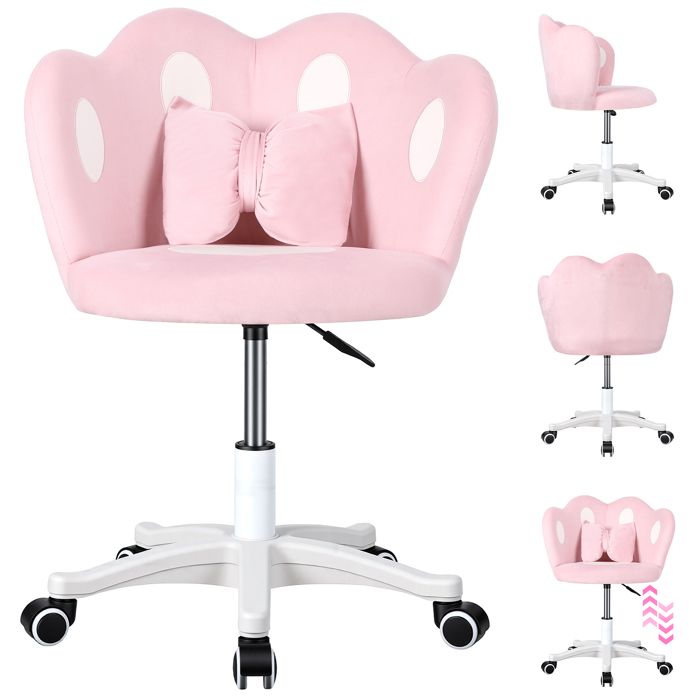Tabouret coiffeuse pivotante à 360° avec coussin à nœudsiège élargi de 50x42 cmréglable en hauteurmatériau en nylonrose