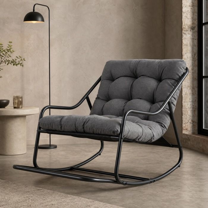 Fauteuil à bascule outdoor avec coussin épais gris structure acier noir réglable montage facile VEVXYN