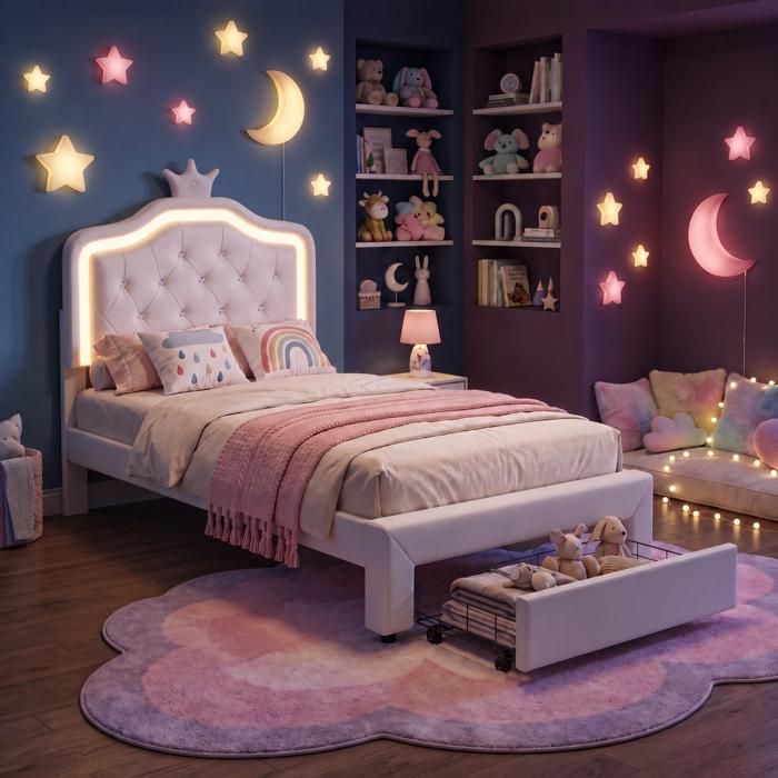 Lit Enfant 90x200 avec rangement - lit rembourré fille avec LED et tiroir - lit 1 personne avec sommier à lattes - PU - Blanc