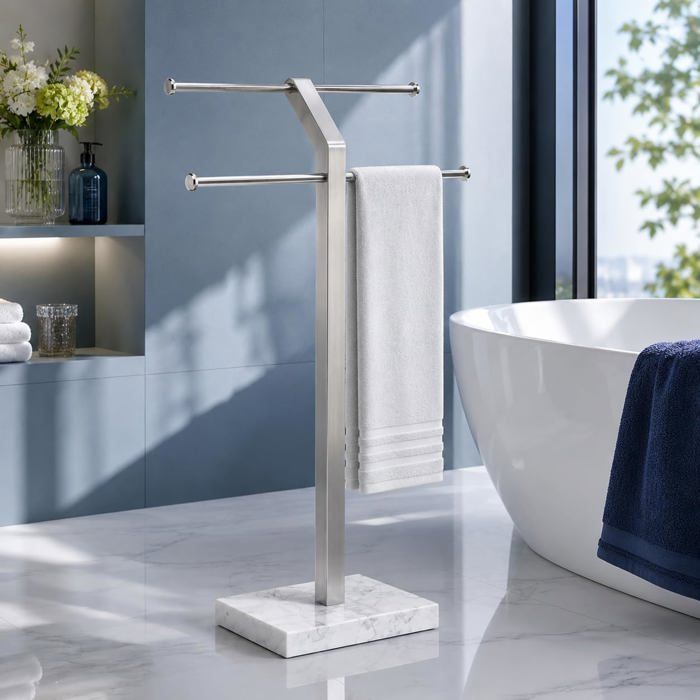Porte-Serviettes Sur Pied Réglable En Largeur Avec Base En Marbre Naturel Lestée 3 Fois Plus Épaisse 2 Niveaux En Acier Inox[BI101]