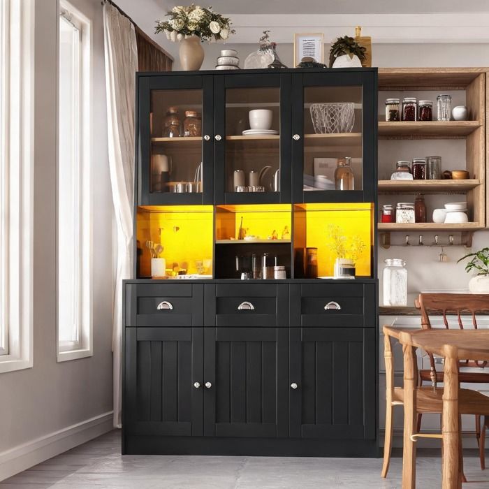 Buffet haut MDF deep black 140x40x175 cm portes acryliques LED connectée style rétro