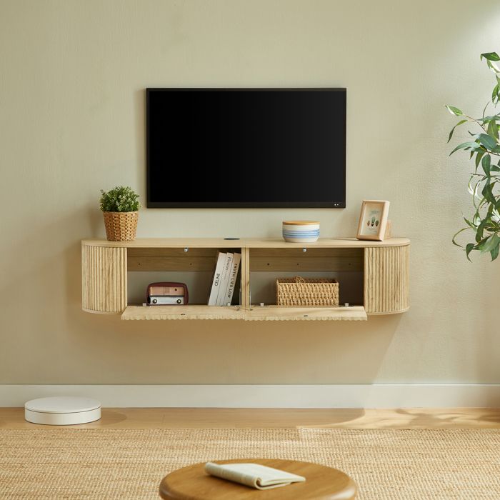 COVREO Meuble TV suspendu 140 cm rangement portes rainurées et passe-câbles panneaux de particules et MDF bois naturel