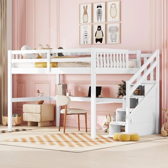 lit mezzanine enfant 140x200cm avec tiroirs de rangement et bureau sous lit- bois massif -aapaas - blanc