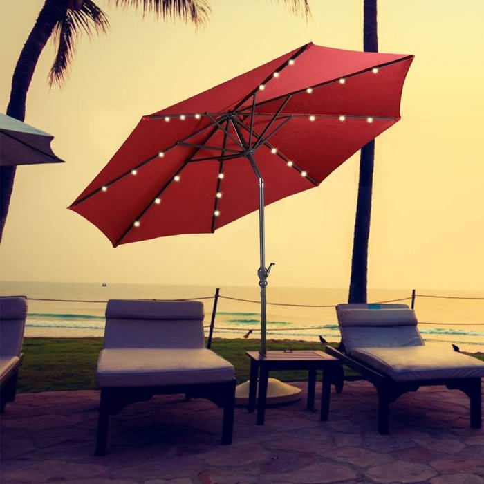 GOPLUS Parasol de Jardin D.300CM-Parasol Patio Droit Inclinable 24 LED Solaire-Poteau Métallique avec Manivelle-Rouge(sans Base)