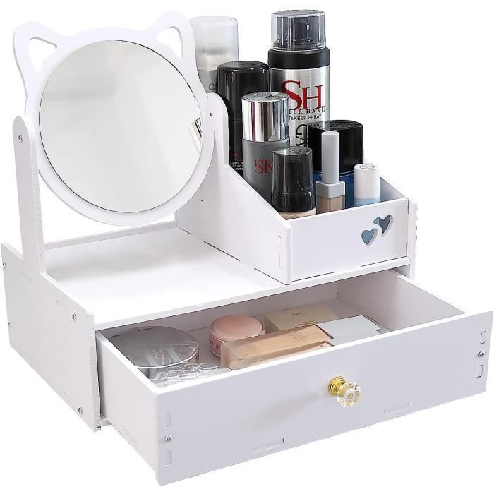 Acheter Boîte de rangement de maquillage, décoration de bureau, Type  tiroir, boîte de rangement de cosmétiques avec miroir lumineux Led, boîte  de rangement de maquillage en plastique rotative