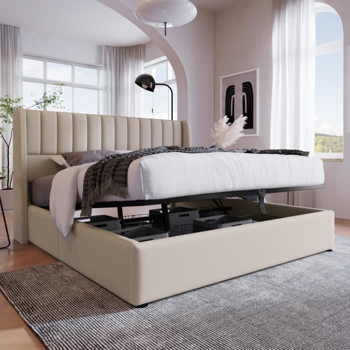 Lit Coffre Design Paris Prix Songa 180x200cm Beige Tissu – Avec Coffre De Rangement