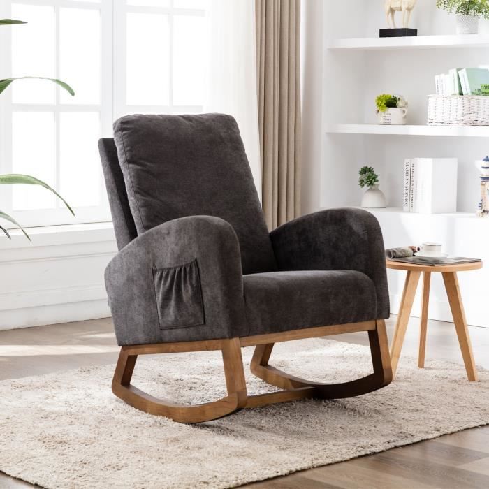 fauteuil à bascule rocking chair tissu effet lin canapé décoratif style vintage cadre en bois massif, gris, 69x94x101cm