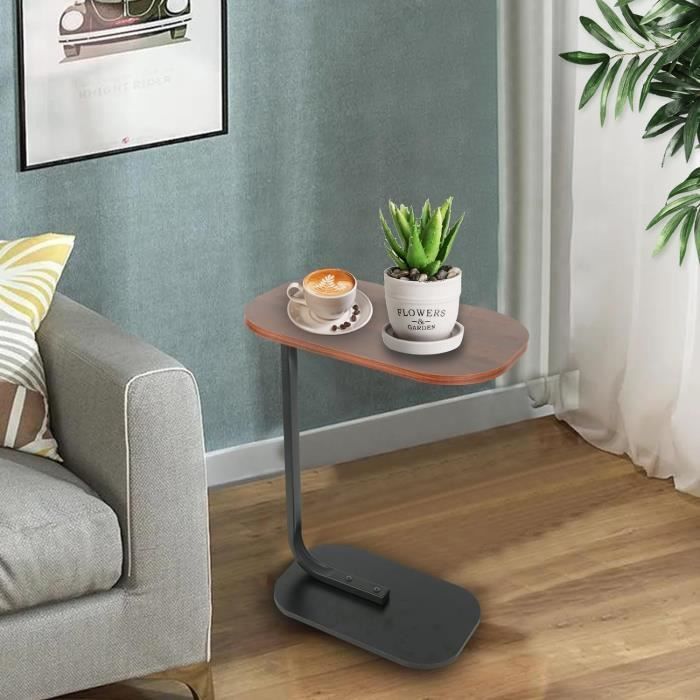 Table D'appoint Forme C Réglable – 45-80 Cm, Plateau Rotatif 360°, Métal Et Bois, Pour Canapé Ou Lit