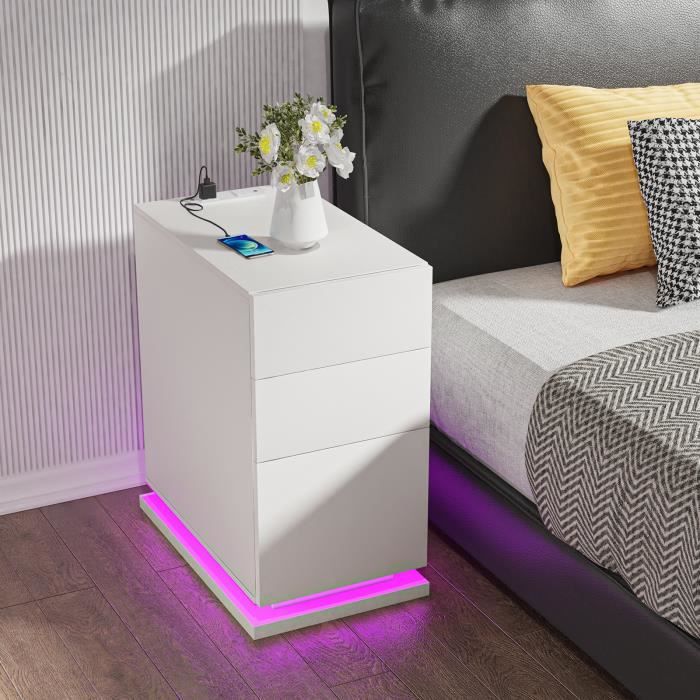 Table De Chevet LEADZM Avec LED, Ports USB Et 3 Tiroirs - Blanc - Avec Station De Charge Intégrée