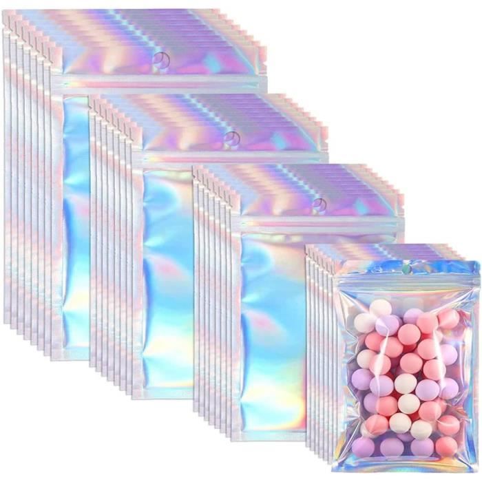 100 Sachets Holographiques PET 6x10 Cm – Fermeture Zip, Transparents, Réutilisables – Pour Snacks, Bijoux, Cosmétiques