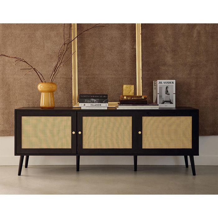 Goto - meuble tv - noir et cannage - 3 portes - 167 cm - Noir