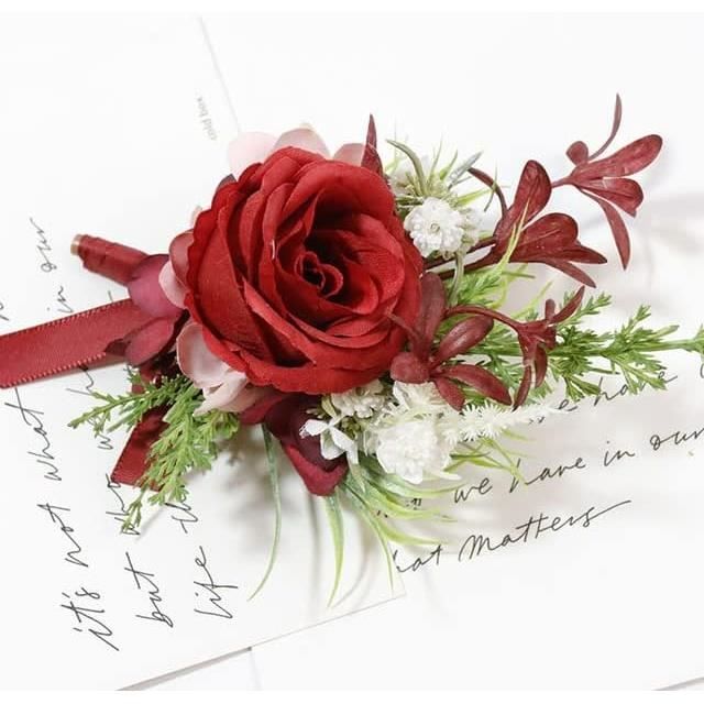 Boutonnières Roses Pour Marié - Lot De 6, Soie Et Métal, Couleur Rouge Vin, 5x8.9 Cm - 9