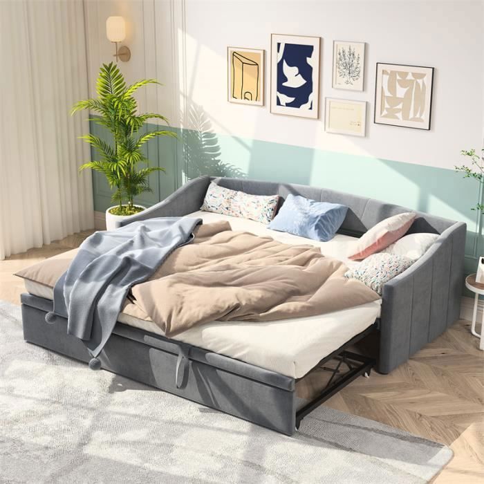 Canapé-lit - DREAMMESPACE - Lit gigogne 90-180x200cm - Velours gris - 2 places - Design contemporain